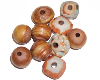 Ceramic Clay Raku Beads, Mottled Brown Handmade in the USA by Keith O'Connor, 10 Bead Strand