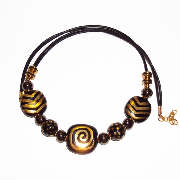 Kazuri Bead NECKLACE Handmade Jewelry Black with 22K Gold Decor Fair Trade Kazuri Beads