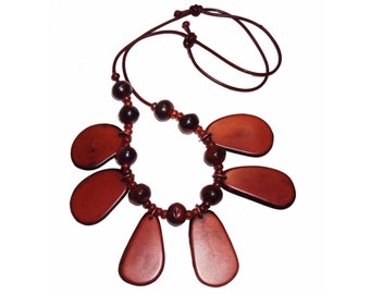 Tagua Beaded Necklace Natural Organic Pendant Drop Beads Terracotta Brown