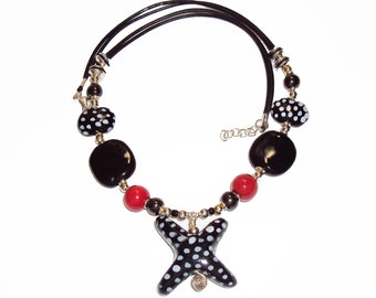 Kazuri Bead NECKLACE Handmade Jewelry Black White Red Starfish with Dots Fair Trade Kazuri Beads