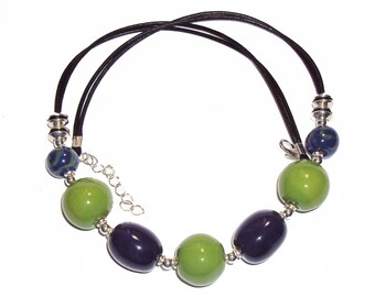 Kazuri Bead NECKLACE Handmade Jewelry Purple and Lime Green Colors Fair Trade Kazuri Beads
