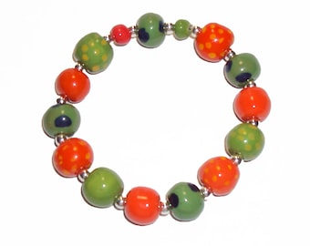 Kazuri Bead Bracelet Handmade Stretchy Mixed Bead Bracelet Orange C, Lime Green with Purple and Lemon Decor Fair Trade Kazuri Beads