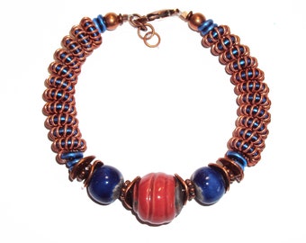 Kazuri Handmade Ceramic Clay Beads from Africa, Twist and Curl Bracelet, Aluminum Wire, Blue and Red Round Beads