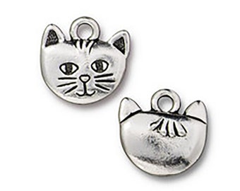 TierraCast Kitty Cat Face Charm Silver 2pc - Antique Finish