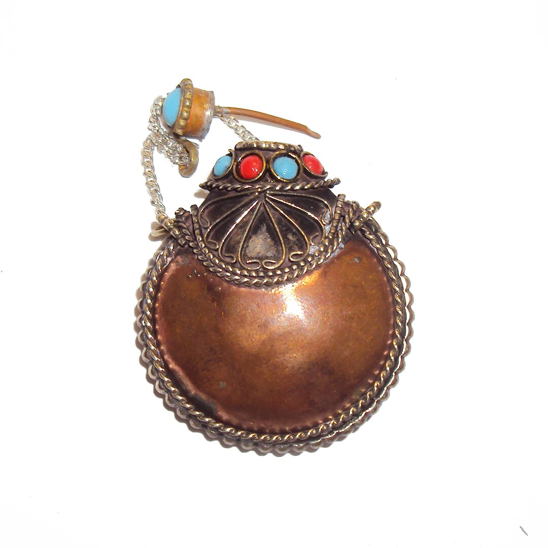 Tibetan Snuff Bottle With Spoon Handmade Copper With Turquoise and