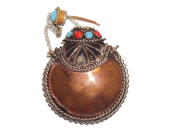 Tibetan Snuff Bottle with Spoon Handmade Copper with Turquoise and Coral Color inlay