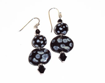 Kazuri Fair Trade Beads Handmade Ceramic Clay Earrings, Black White Design, Swarovski Crystal