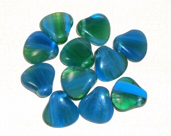 May include: A group of ten blue and green glass beads with a swirl pattern. The beads are heart-shaped and have a glossy finish.