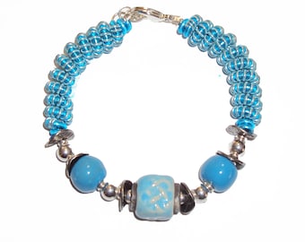 Kazuri Handmade Ceramic Clay Beads from Africa, Twist and Curl Bracelet, Aluminum Wire, Light Turquoise Blue Beads