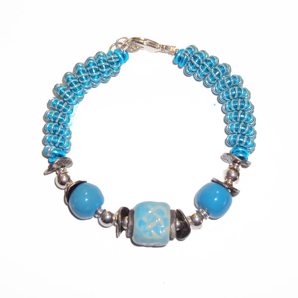 Kazuri Handmade Ceramic Clay Beads from Africa, Twist and Curl Bracelet, Aluminum Wire, Light Turquoise Blue Beads