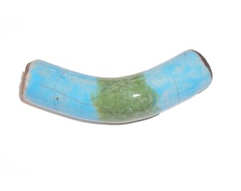 Ceramic Clay Raku Curved Tube Focal Bead, Turquoise/Green, Handmade in the USA by Keith O'Connor