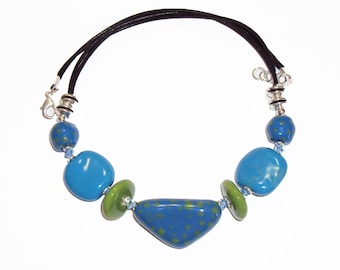 Kazuri Bead NECKLACE Handmade Jewelry Blue and Lime Green Colors, Fair Trade Kazuri Beads