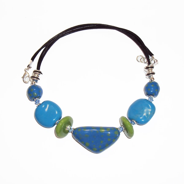 Kazuri Bead NECKLACE Handmade Jewelry Blue and Lime Green Colors, Fair Trade Kazuri Beads