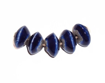 Ceramic Clay Raku Beads, Midnight Blue Handmade in the USA by Keith O'Connor, 5 Bead Strand