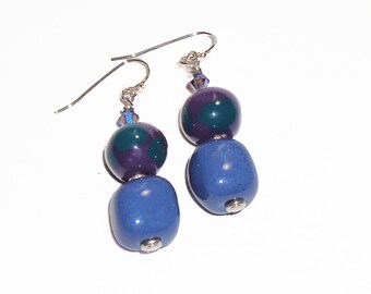 Kazuri Fair Trade Beads Handmade Ceramic Clay Earrings, Purple/Sea Blue Cornflower, Swarovski Crystal