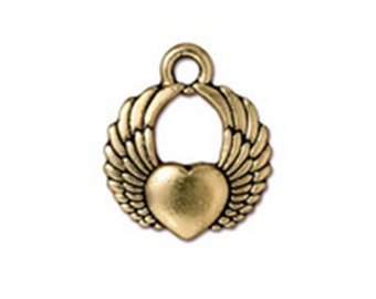TierraCast Heart with Wings Charm  2pc -Gold Antique Finish