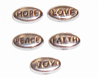 TierraCast Word Beads, Hope, Faith, Joy, Peace, Love, Silver Antique Finish