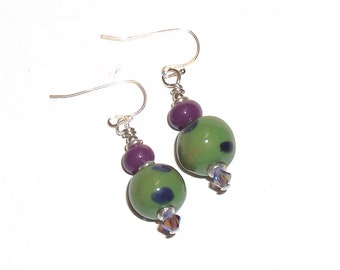Kazuri Fair Trade Beads Handmade Ceramic Clay Earrings, Lime Green/Purple Dots, Swarovski Crystal