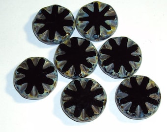 Czech Glass Beads, 18mm Faceted Carved Coin,  Starburst Picasso, Black, 7 Beads