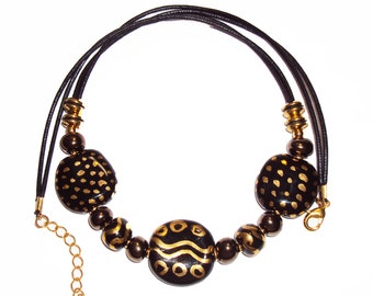 Kazuri Bead NECKLACE Handmade Jewelry Black with 22K Gold Decor Fair Trade Kazuri Beads