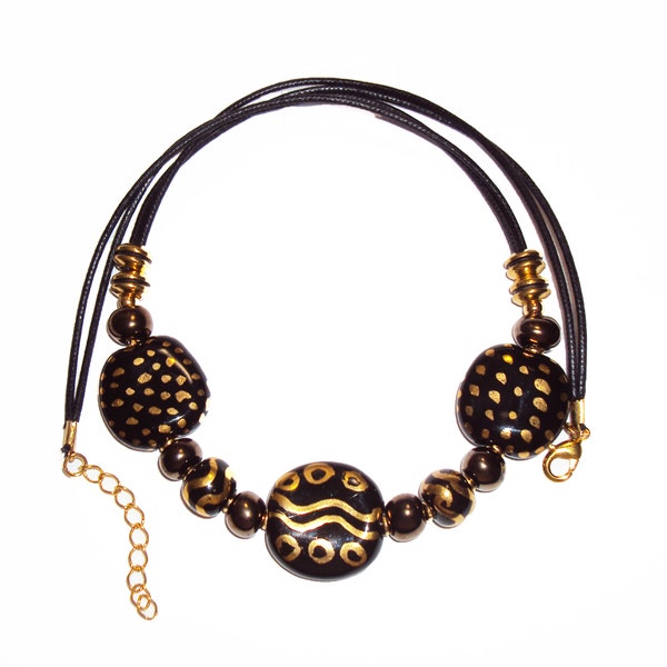 Kazuri Bead NECKLACE Handmade Jewelry Black with 22K Gold Decor Fair Trade Kazuri Beads