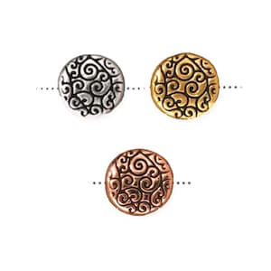 TierraCast Coin Scroll Bead 12mm x 3mm, Silver, Gold or Copper, Antique Finish - 2 Beads