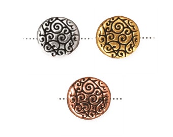 TierraCast Coin Scroll Bead 12mm x 3mm, Silver, Gold or Copper, Antique Finish - 2 Beads