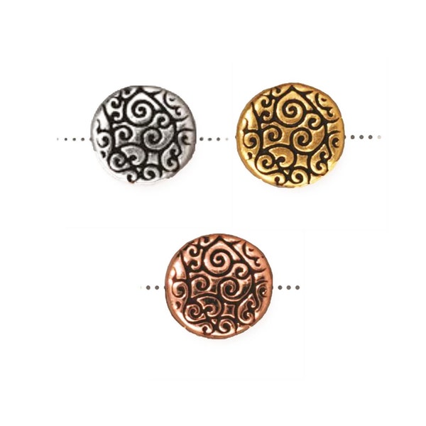 TierraCast Coin Scroll Bead 12mm x 3mm, Silver, Gold or Copper, Antique Finish - 2 Beads