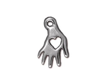 TierraCast Heart in Hand Charm Silver 2pc - Antique Finish