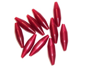 Vintage Lucite Plastic Beads, Spindle Rice Shape Bead, Cranberry Red Moonglow Bead, 10 Beads