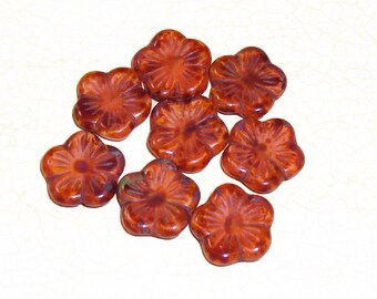 Czech Glass Beads, 14mm Carved Flat Flower, Burnt Orange Picasso, 2 Beads