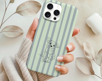 Gepersonaliseerde hond gestreept telefoonhoesje | Op maat gemaakte huisdierportrethoes | iPhone-hoesje met minimale lijnkunst hond | Cadeau hondenliefhebber