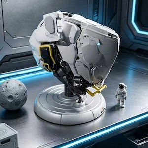 May include: A white and black robotic head sculpture with yellow detailing, set on a circular base. A small astronaut figure and a moon model are present, evoking a space exploration theme.