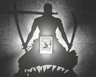 Lámpara de pared con la silueta de Roronoa Zoro / Lámpara de noche con la silueta de Se busca de One Piece / Regalo de decoración para la habitación de anime
