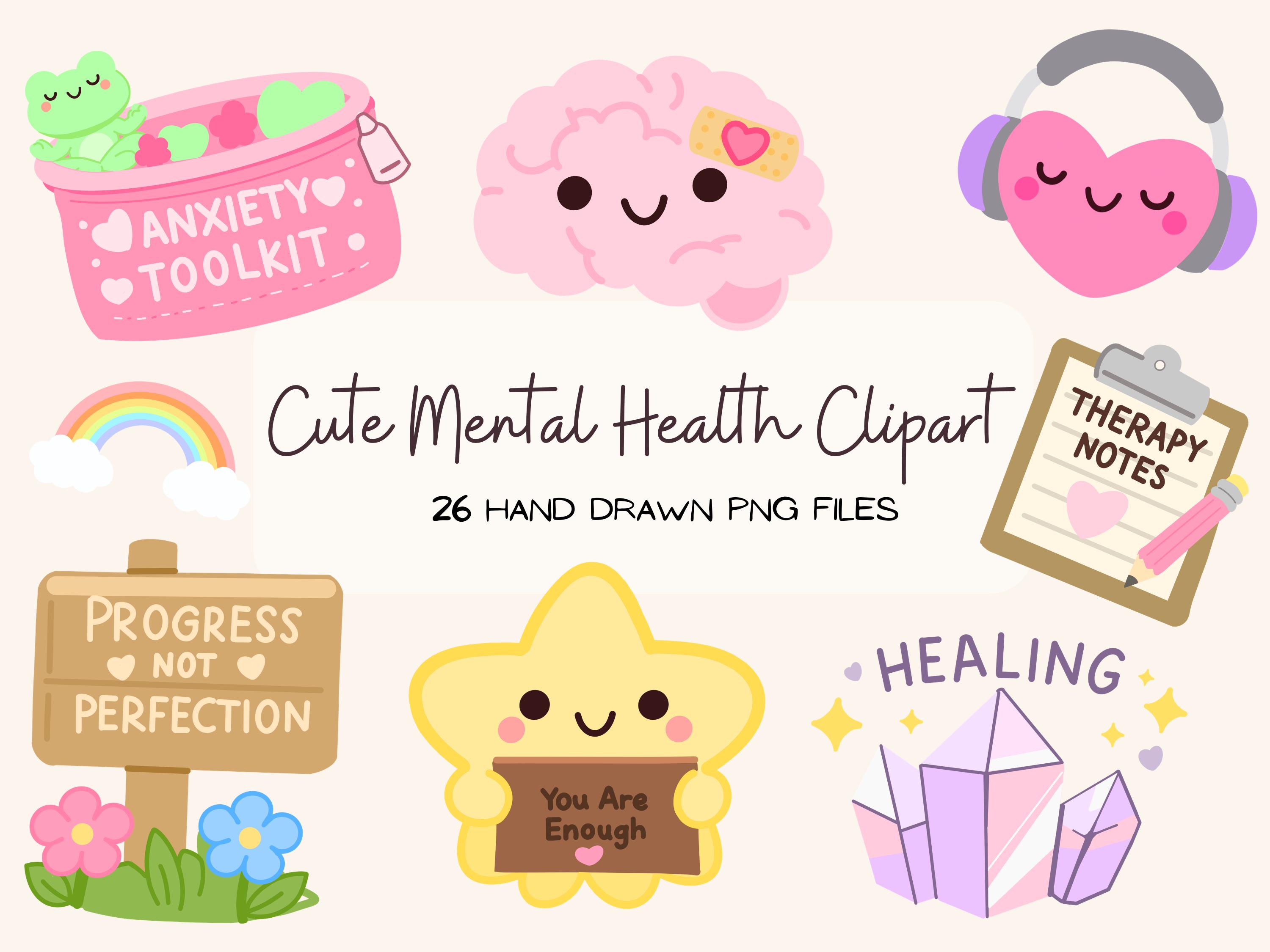 Kawaii Mental Health Clipart | Self Care Planner Graphics (PNG Digital ...
