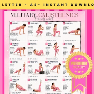 Op de afbeelding: Een roze en witte workoutkaart getiteld "MILITARY CALISTHENICS" met oefenillustraties. De kaart bevat oefeningen zoals push-ups, squats, lunges en planks. De tekst "US LETTER - A4 - INSTANT DOWNLOAD" staat bovenaan.