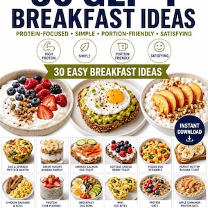 30 ideas de desayunos para personas con deficiencia de GLP-1 (para imprimir) / Lista de desayunos ricos en proteínas / Guía alimentaria para personas con deficiencia de GLP-1 / Ideas de comidas con porciones adecuadas / Descarga instantánea