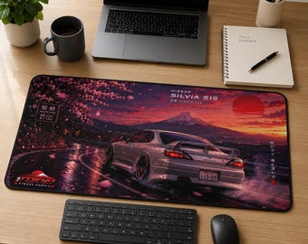 issan Silvia S15 Schreibtischunterlage, Sakura Sunset Drift 16x32 Gaming Maus Pad, JDM Auto Geschenk, Mount Fuji japanisches Auto Schreibtischunterlage
