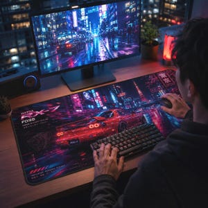 Mazda RX-7 FD3S Desk Mat, Neon Tokyo 16x32 Large Mouse Pad, JDM Gaming Desk Pad, Rotary Car Lover Gift