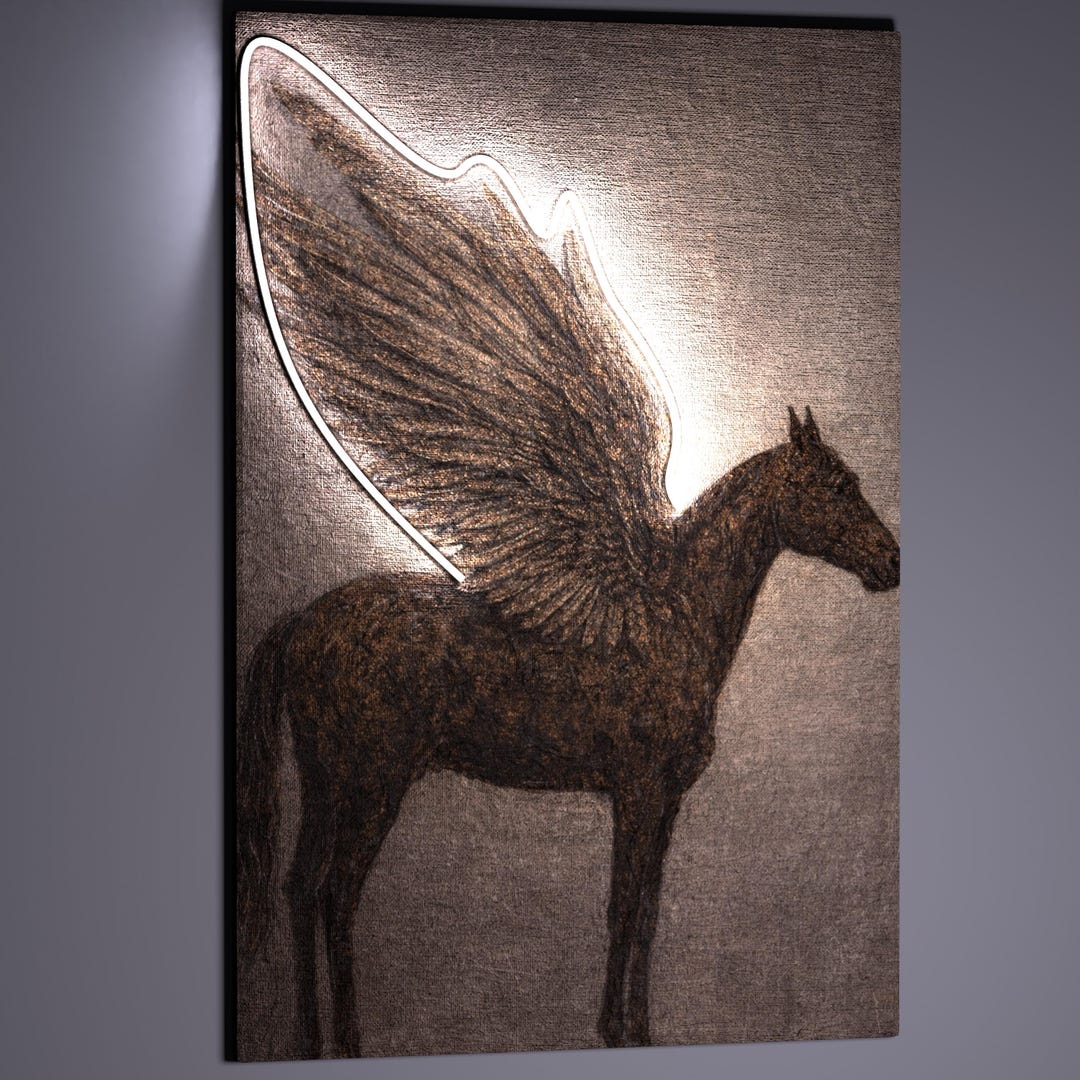 Pegasus Wall Art With LED Neon, Winged Horse Canvas, Large Gothic Wall ...