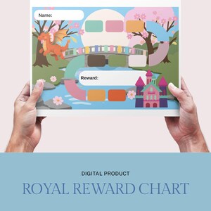 May include: A colorful Royal Reward Chart with a fantasy theme. The chart features a dragon, a bridge, a castle, and a river. The text "Name:" and "Reward:" are visible. The words "DIGITAL PRODUCT" and "ROYAL REWARD CHART" are also displayed.