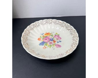 Tigela floral vintage Grandmacore Southern Potteries com filigrana em ouro 22 quilates e borda ondulada.