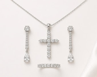 Cross Jewelry Set, Silver CZ Cross Necklace, Drop Earrings and Eternity Ring, Christian Jewelry, Bridal Gift for Her