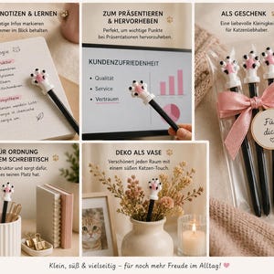 Könnte beinhalten: Ein Set aus schwarzen Tintenstiften mit einem weißen Katzenpfoten-Aufsatz und rosa Ballen. Die Stifte sind in verschiedenen Szenarien zu sehen: beim Schreiben in einem Notizbuch, an einem Bildschirm, verpackt in einer Klarsichthülle mit rosa Schleife, in einem Schreibtisch-Organizer und in einer Vase mit Trockenblumen.