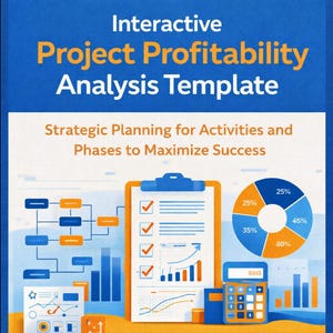 May include: An infographic with a blue and orange color scheme. The title reads "Interactive Project Profitability Analysis Template." The image includes charts, graphs, a calculator, and a checklist, illustrating strategic planning for activities and phases.