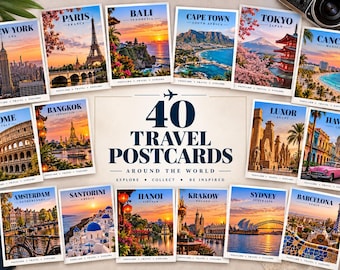 May include: A collection of 40 travel postcards featuring vibrant photography of global landmarks including New York, Paris, Bali, Cape Town, Tokyo, Cancun, Rome, Bangkok, Luxor, Havana, Amsterdam, Santorini, Hanoi, Krakow, Sydney, and Barcelona.