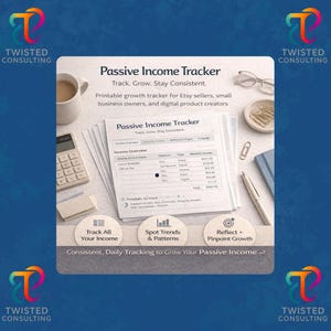 Pode incluir: Um documento imprimível de rastreamento de renda passiva com colunas de fontes de renda, uma calculadora, uma caneta, óculos e clipes de papel. O texto diz Passive Income Tracker, Track. Grow. Stay Consistent, e inclui três ícones circulares para rastrear renda, identificar tendências e refletir sobre o crescimento.