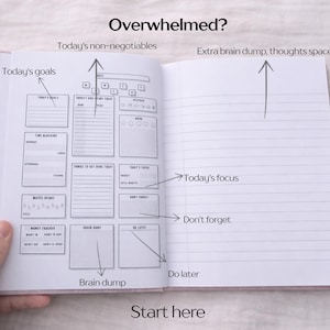 May include: Open notebook with a pink cover, featuring sections for daily goals, time blocking, and a brain dump. The text "Overwhelmed?" and "Start here" are visible, along with other prompts for organisation and focus.