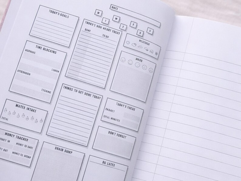 May include: Open notebook with a detailed daily planner layout. The left page features sections for goals, time blocking, water intake, and a money tracker. The right page is lined for notes. The planner includes sections for weather and mood tracking.