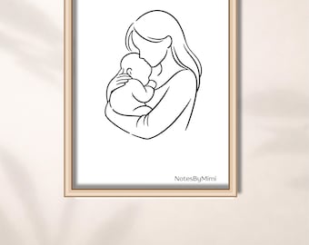 Stampa artistica "Mamma e Bambino" / Quadro minimalista per la maternità / Decorazione neutra per la cameretta / Regalo per neomamma / Illustrazione di mamma e bambino
